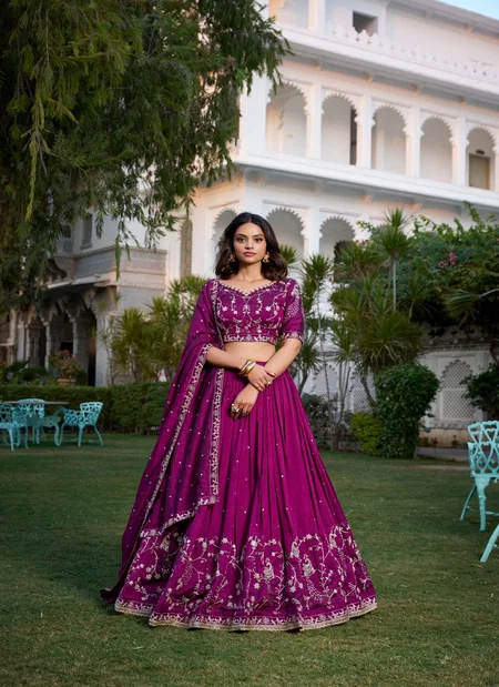 Wine Colour Vichitra Silk With Sequins And Thread Embroidery Work Lehenga With Blouse Dupatta Best Wholesale Shop In Surat